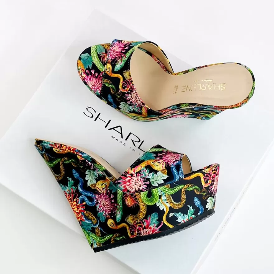 SHARLENE CALZATURE Zeppe-Black Floral Satin Sabot Wedge - Code 33462