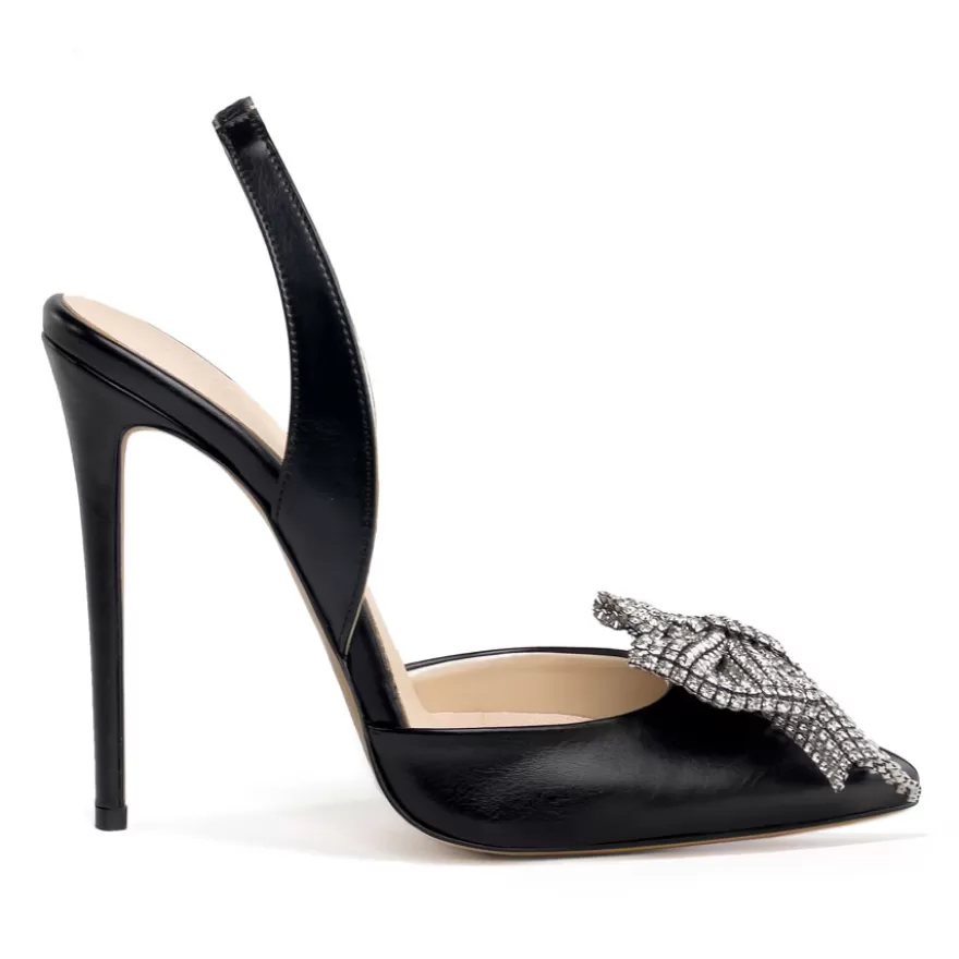 SHARLENE CALZATURE Sandals-Black Leather/ Jewel Bow Sandal - Cod. 40597 Nero