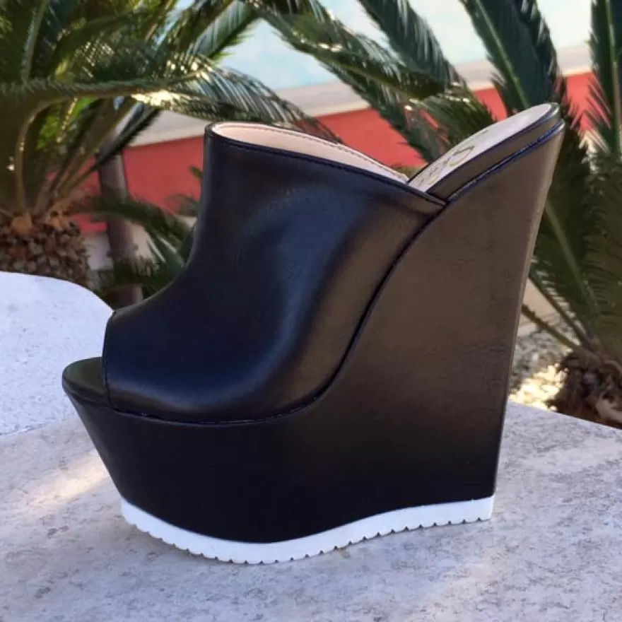 SHARLENE CALZATURE Zeppe-Black Leather Sabot Wedge - Code 11454