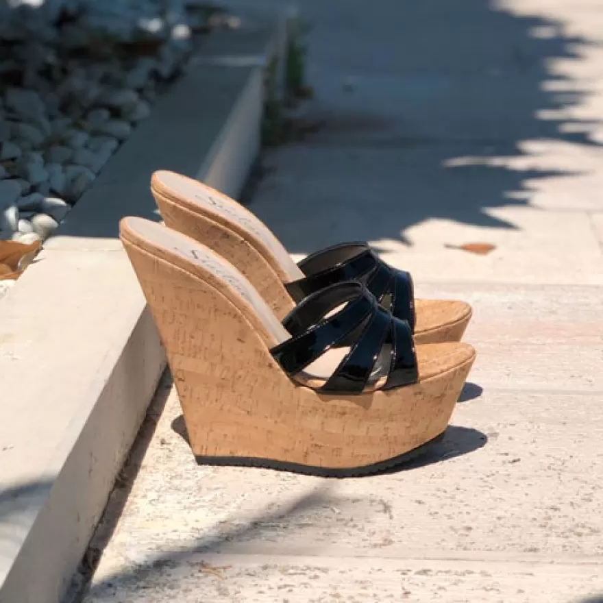 SHARLENE CALZATURE Zeppe-Black Patent Leather/ Cork Wedge Sabot - Cod. 24960 Nero