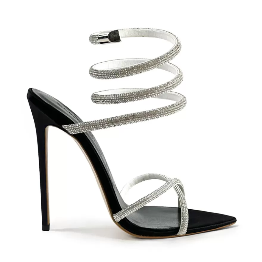 SHARLENE CALZATURE Sandals-Black Satin Sandal/Silver Spiral - Cod. 40084