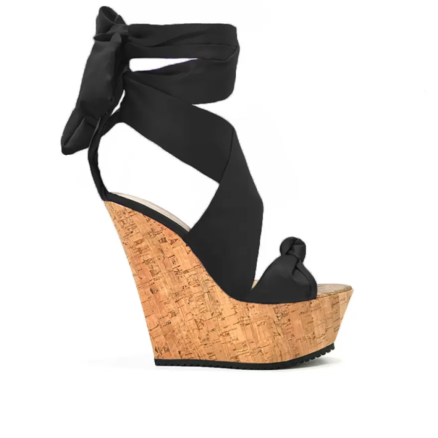 SHARLENE CALZATURE Zeppe-Black Satin/Cork Sandal Wedge - Cod. 31923 Nero