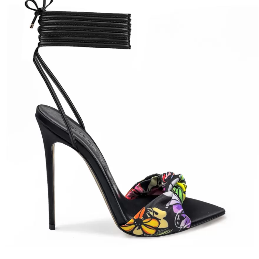 SHARLENE CALZATURE Sandals-Black Satin/Flower Lace-Up Sandal - Cod. 39471 Nero