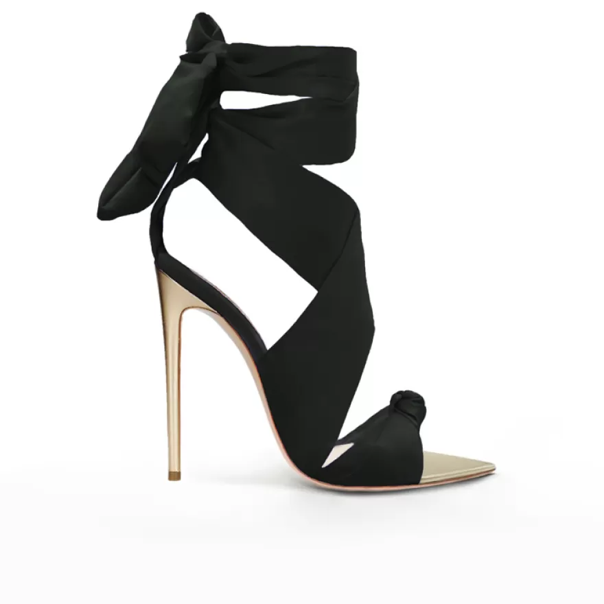 SHARLENE CALZATURE Sandals-Black Satin/Platinum Leather Knot Sandal - Cod. 29834 Nero