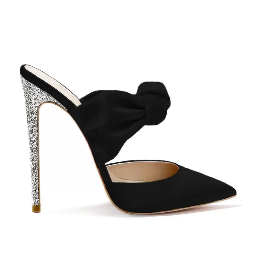 SHARLENE CALZATURE Sandals-Black Satin/Silver Glitter Sandal - Cod. 28772 Nero