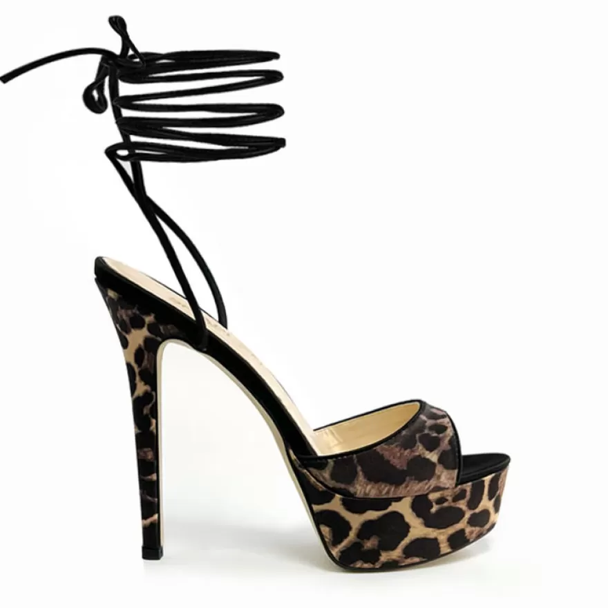 SHARLENE CALZATURE Sandals-Black/Spotted Satin Lace-Up Sandal - Cod. 33558 Maculato-Nero