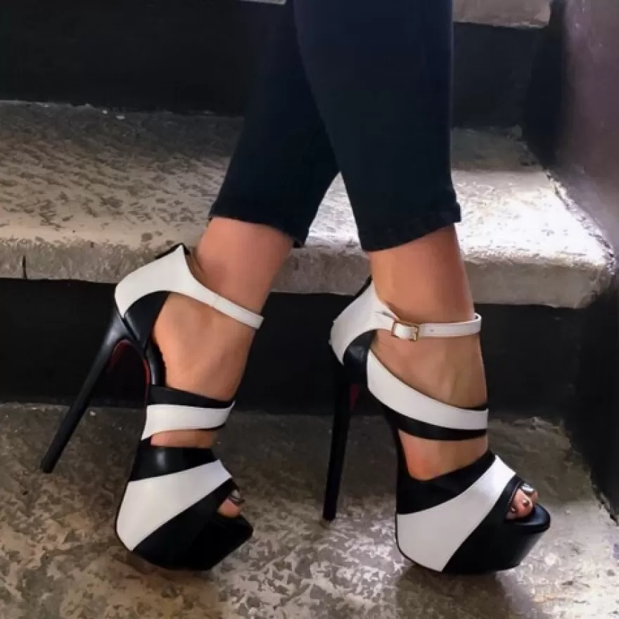 SHARLENE CALZATURE Sandals-Black/White Leather Sandal - Cod. 19114