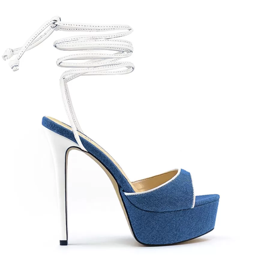 SHARLENE CALZATURE Sandals-Blue /White Leather Lace-Up Sandal - Cod. 33601 Jeans