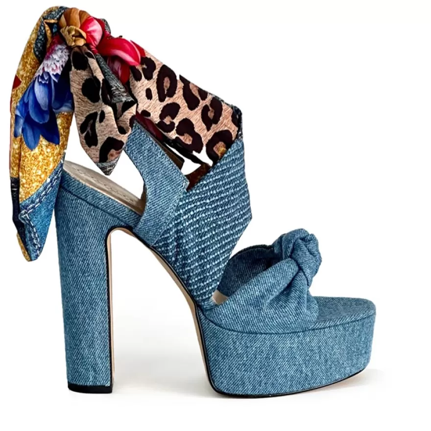 SHARLENE CALZATURE Sandals-Blue/Flowered Jeans Lace-Up Sandal - Cod. 39479