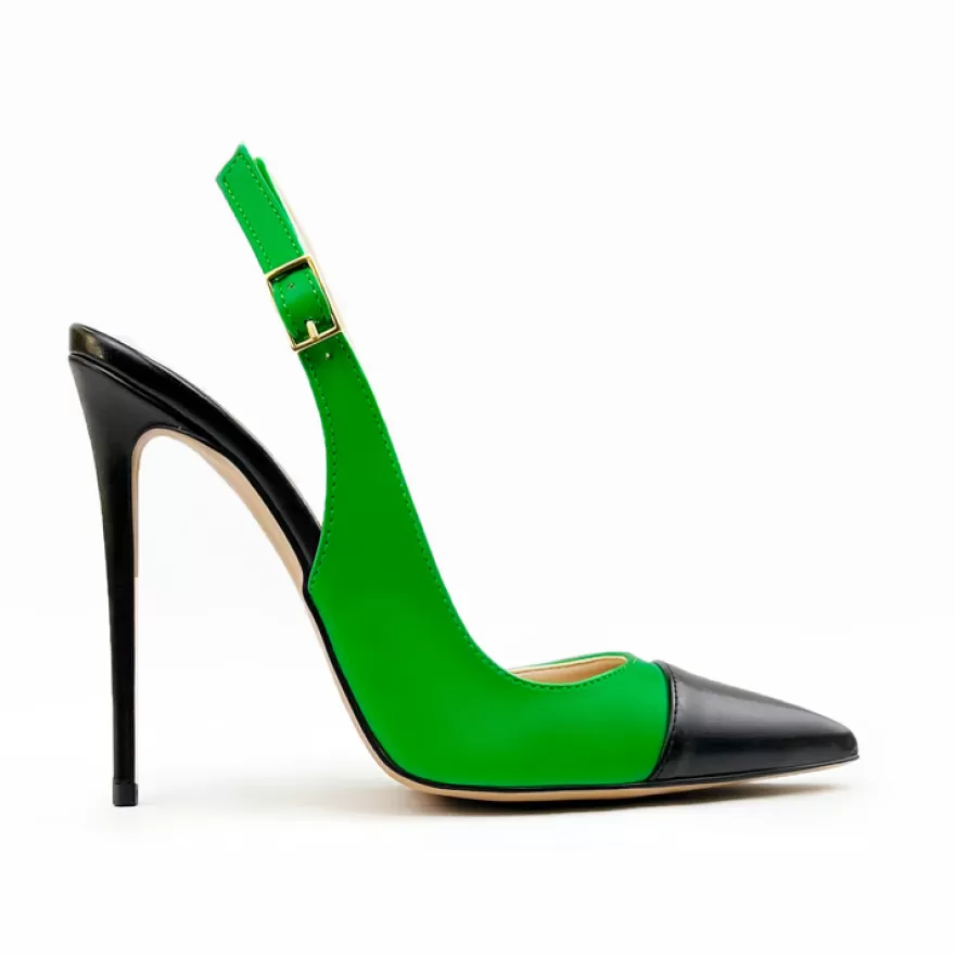 SHARLENE CALZATURE Decollete-Decollete Slingback Green/Black Leather - Code 31750 Verde