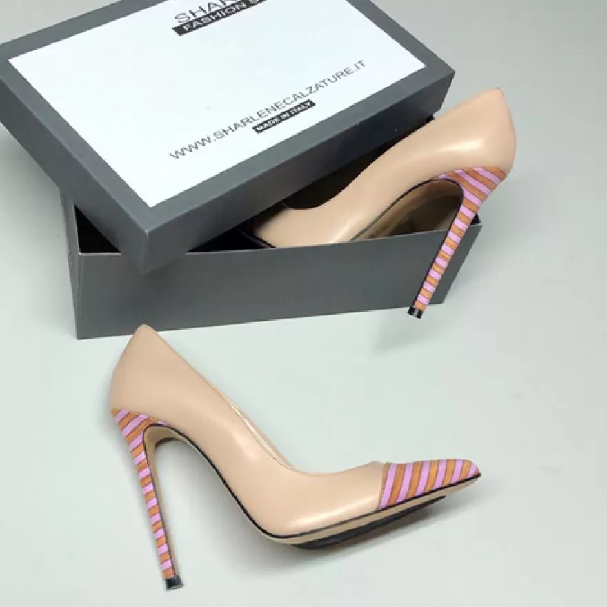 SHARLENE CALZATURE Decollete-Flesh Leather/ Striped Fabric Pump - Cod. 23512