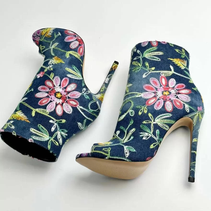 SHARLENE CALZATURE Tronchetti-Floral Denim Blunt Ankle Boot - Cod. 39834