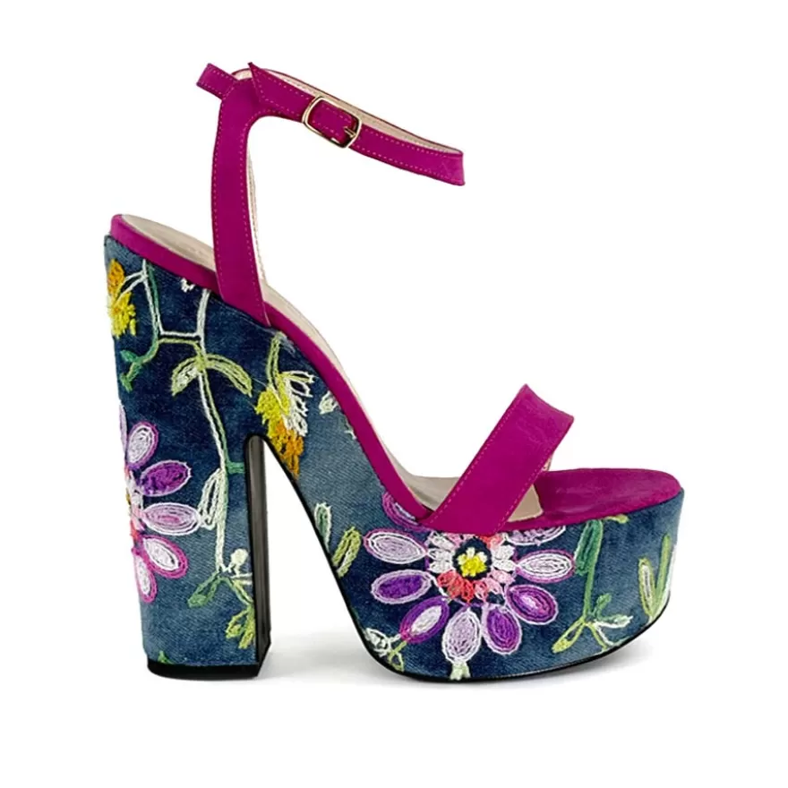 SHARLENE CALZATURE Sandals-Floral/Fuchsia Denim Sandal Wedge - Cod. 39880