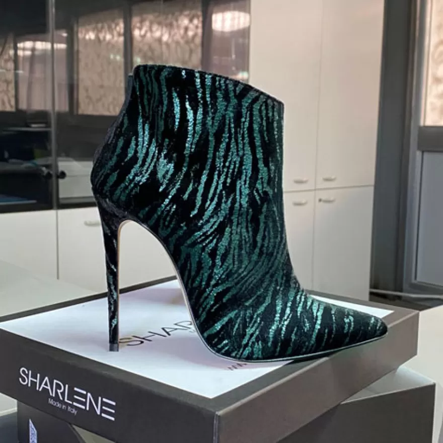 SHARLENE CALZATURE Tronchetti-Green Laminated Tiger Velvet Ankle Boot - Cod. 29585