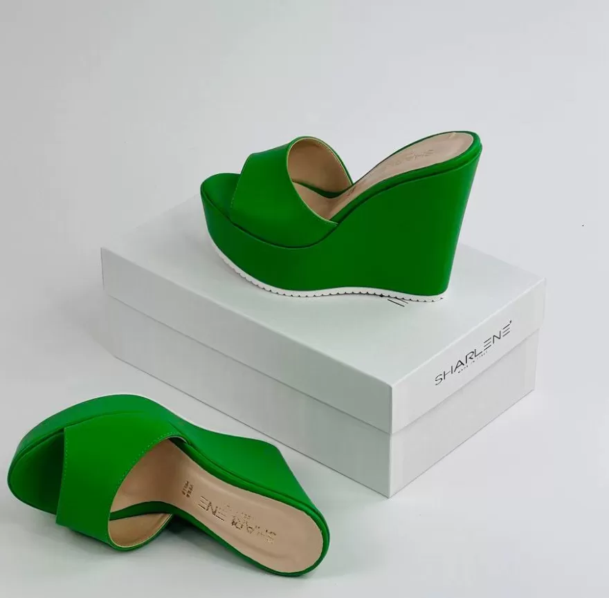 SHARLENE CALZATURE Zeppe-Green Leather Sabot Wedge - Code 33084