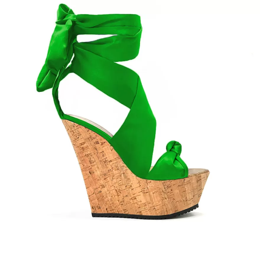 SHARLENE CALZATURE Zeppe-Green Satin/Cork Sandal Wedge - Cod. 31931 Verde