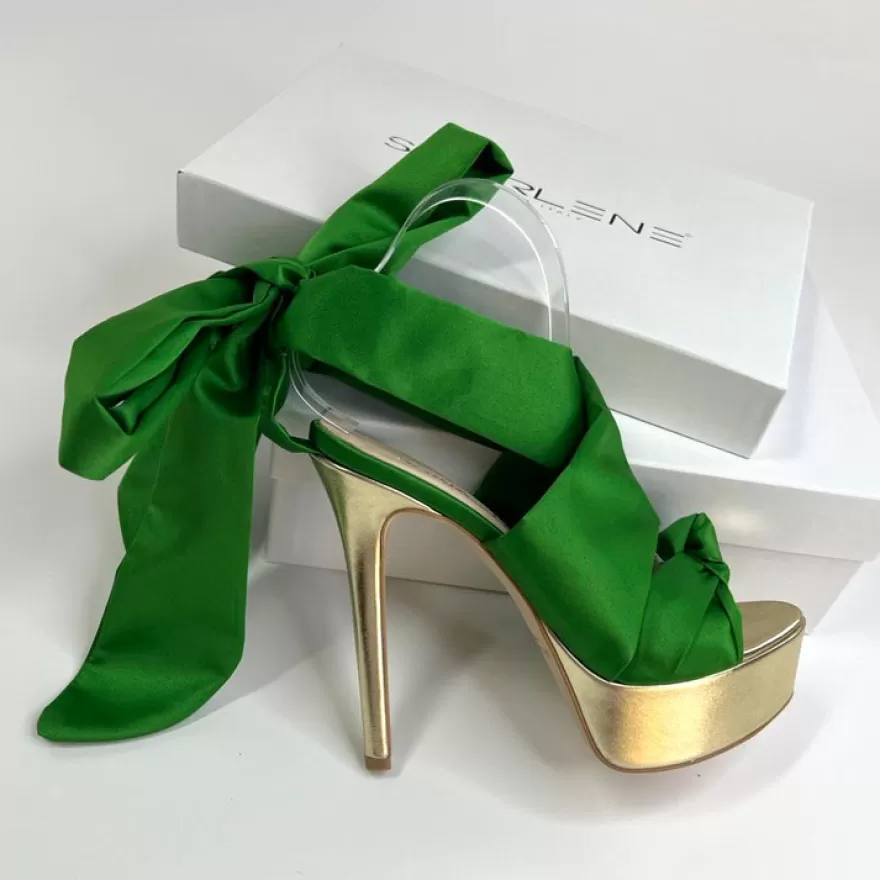 SHARLENE CALZATURE Sandals-Green Satin/Platinum Leather Knot Sandal - Code 34086 Verde