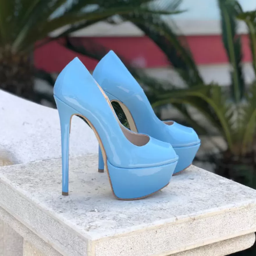 SHARLENE CALZATURE Decollete-Light Blue Patent Leather Open-Toe Pump - Cod. 24772