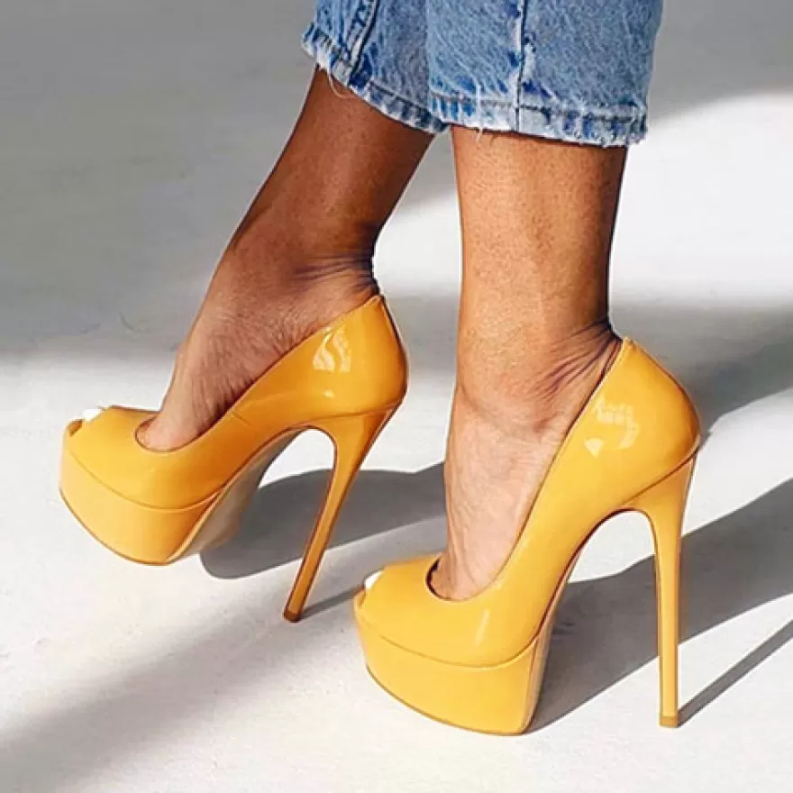 SHARLENE CALZATURE Decollete-Mustard Patent Leather Open-Toe Pump - Cod. 14638 Senape