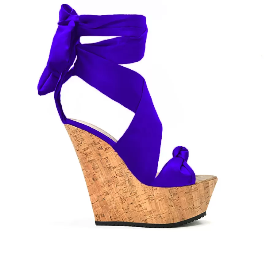 SHARLENE CALZATURE Sandals-Purple Satin/Cork Sandal Wedge - Cod. 31986 Viola