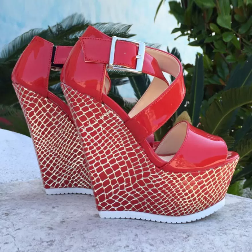 SHARLENE CALZATURE Zeppe-Red Patent Leather/ Cocco Sandal - Code 12080