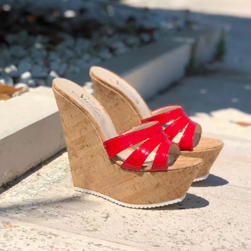 SHARLENE CALZATURE Zeppe-Red Patent Leather/ Cork Wedge Sabot - Cod. 24969