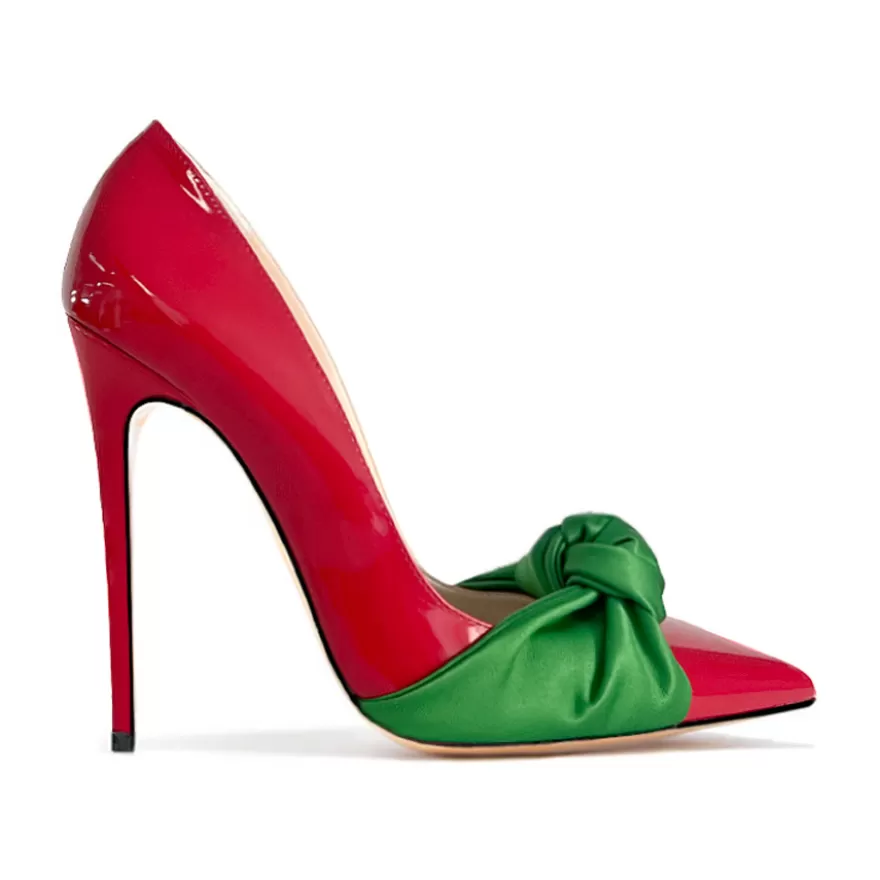 SHARLENE CALZATURE Decollete-Red Patent Leather/ Green Bow Pumps - Cod. 39893 Rosso/Verde