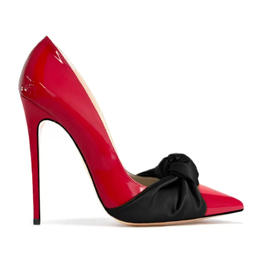 SHARLENE CALZATURE Decollete-Red Patent Leather/Black Bow Pumps - Cod. 39925 Rosso/Nero