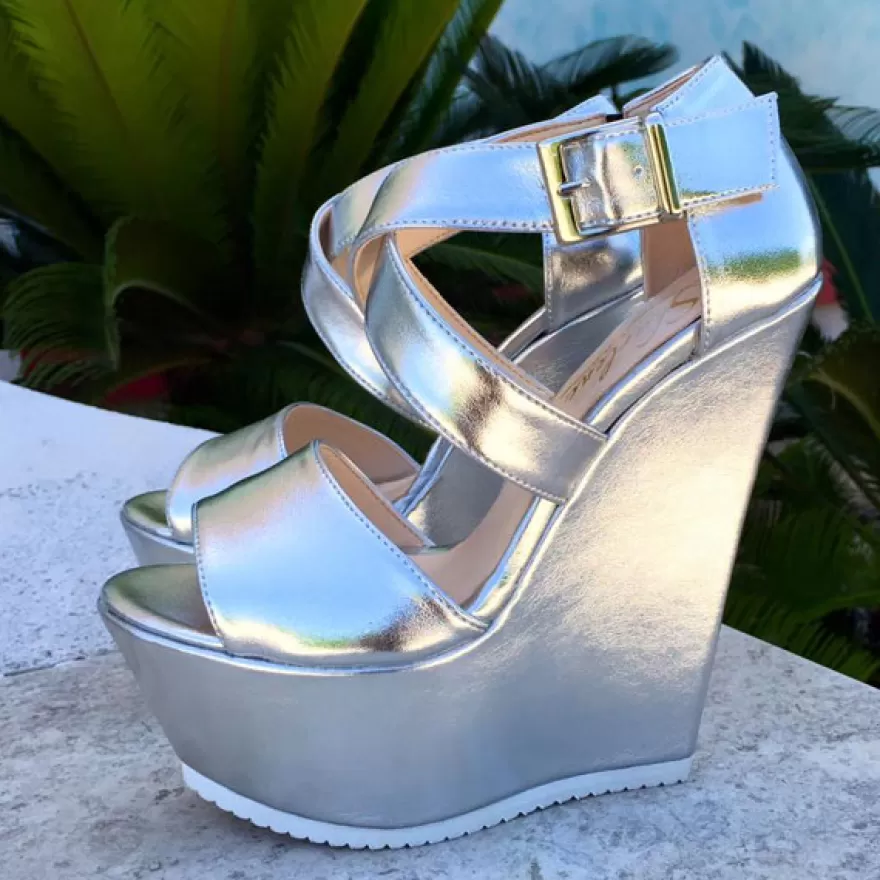 SHARLENE CALZATURE Zeppe-Silver Leather Sandal - Code 12384