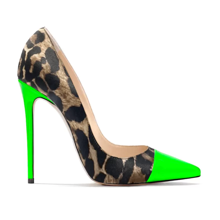 SHARLENE CALZATURE Decollete-Spotted Satin/Fluo Green Patent Leather Pumps - Cod. 39401 Verde Fluo