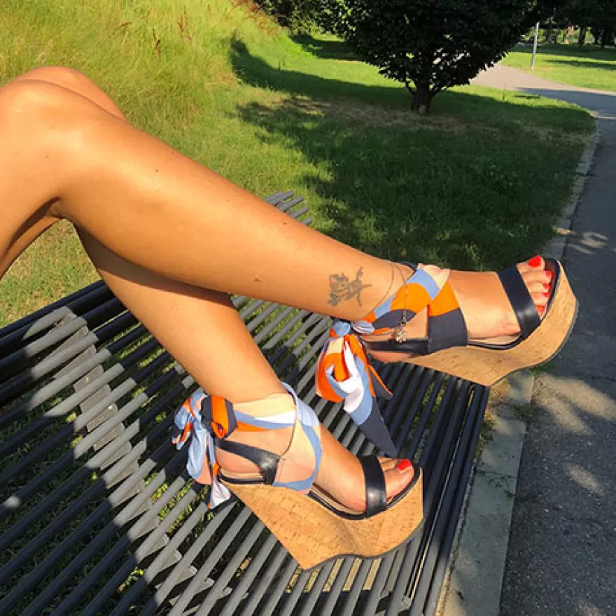 SHARLENE CALZATURE Zeppe-Wedge Sandal Lace-Up Midnight Blue/Multicolor Fabric/Cork - Cod. 29032