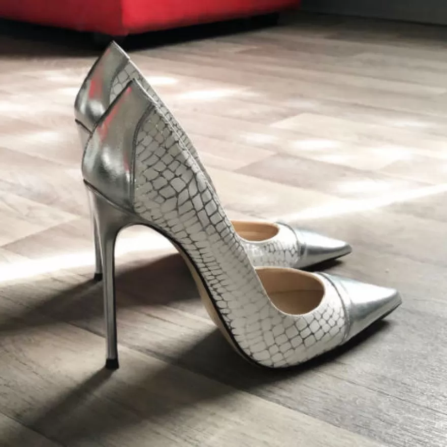 SHARLENE CALZATURE Decollete-White Coconut Patent Leather/Silver Leather Pumps - Cod. 21212