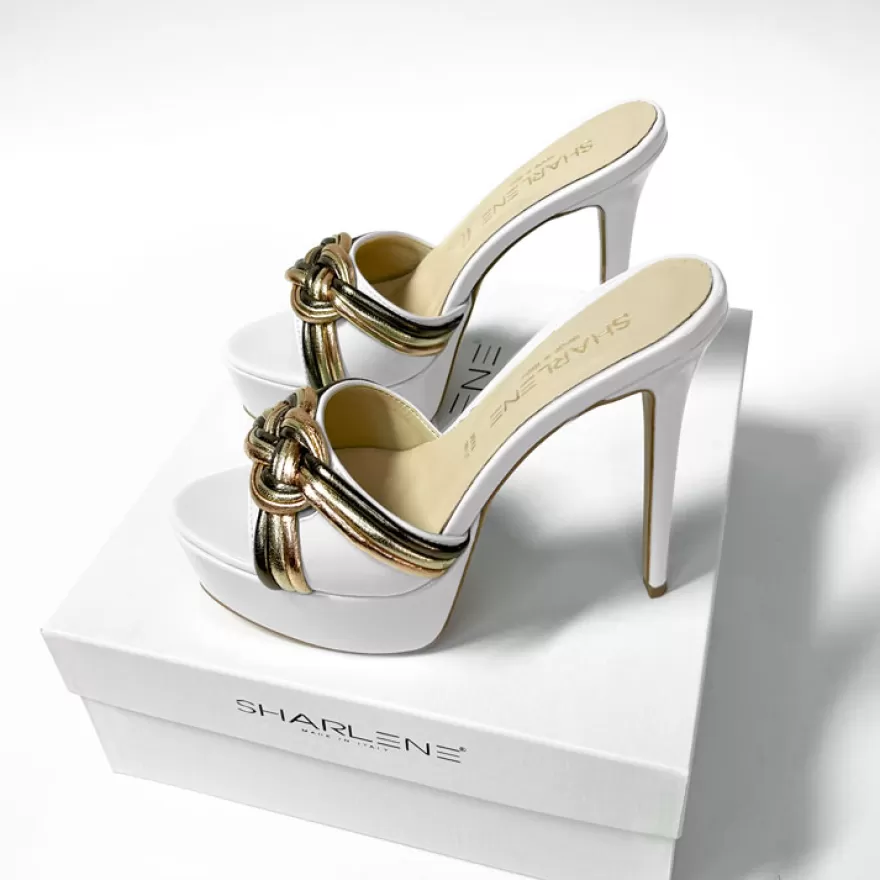 SHARLENE CALZATURE Sandals-White Patent Leather/ Laminate Sabot - Cod. 32829 Bianco