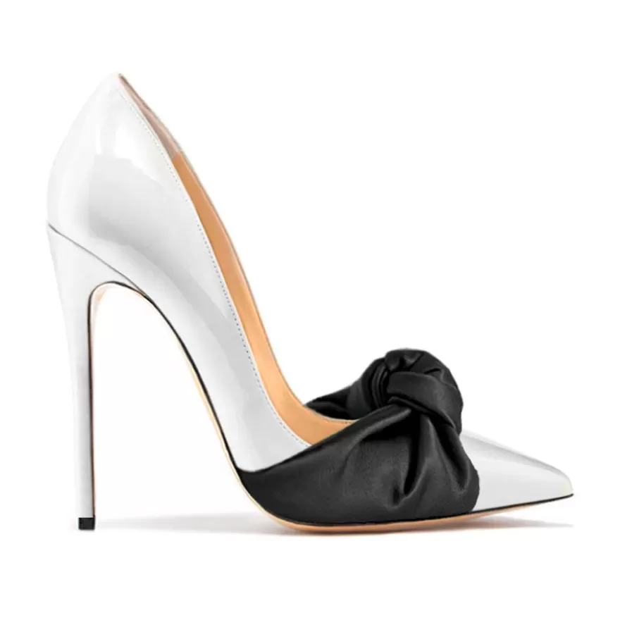 SHARLENE CALZATURE Decollete-White Patent Leather/Black Bow Pumps - Cod. 39929 Bianco