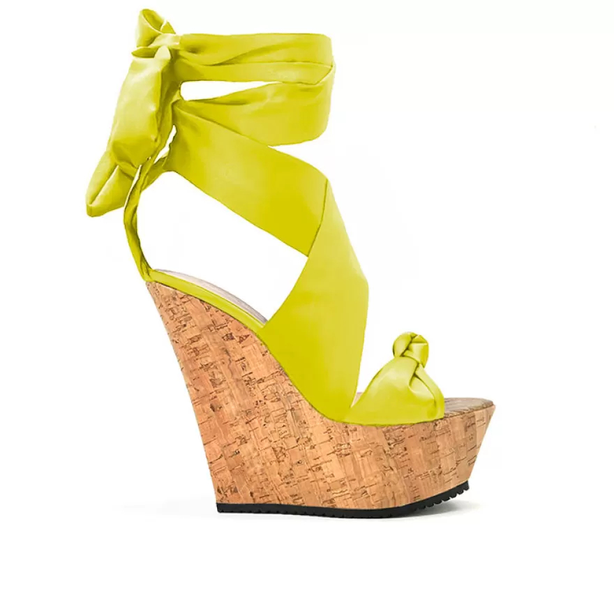 SHARLENE CALZATURE Sandals-Yellow Satin/Cork Sandal Wedge - Cod. 31989 Giallo