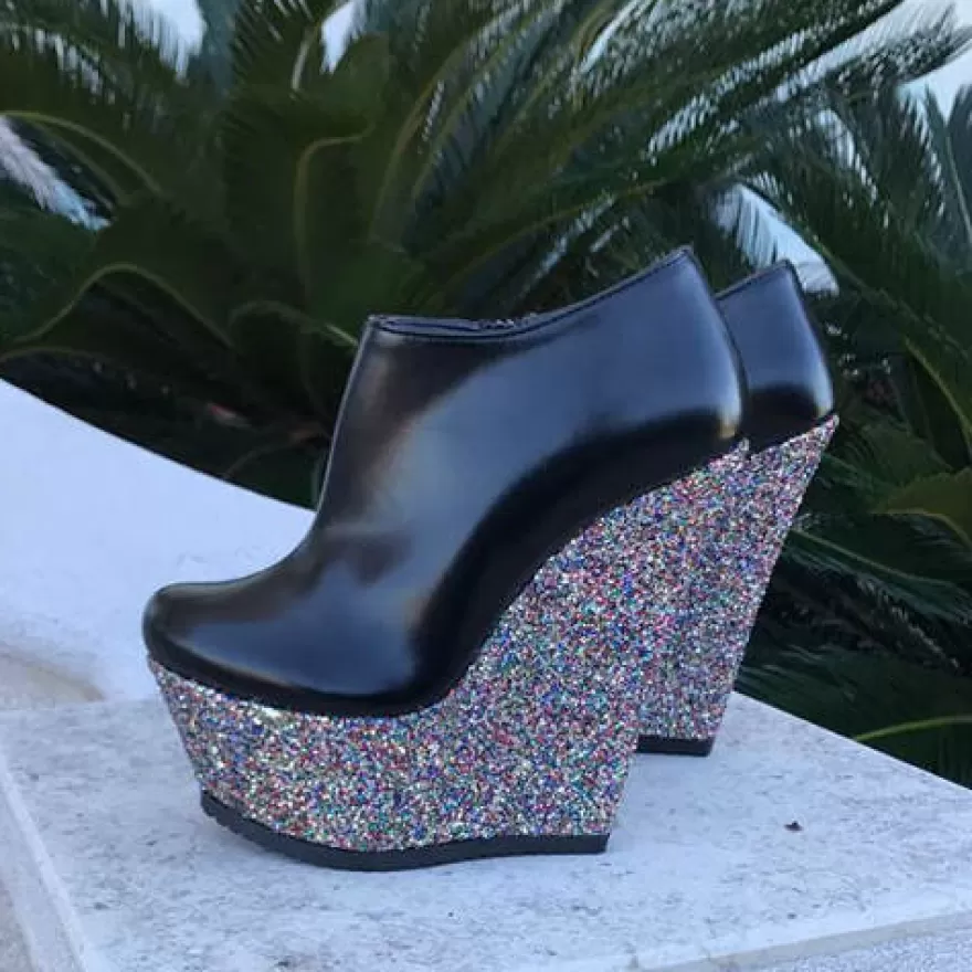 SHARLENE CALZATURE Polacchetti-Zeppa Polachetto Pelle Nera/ Glitter Multicolor – Cod. 18528
